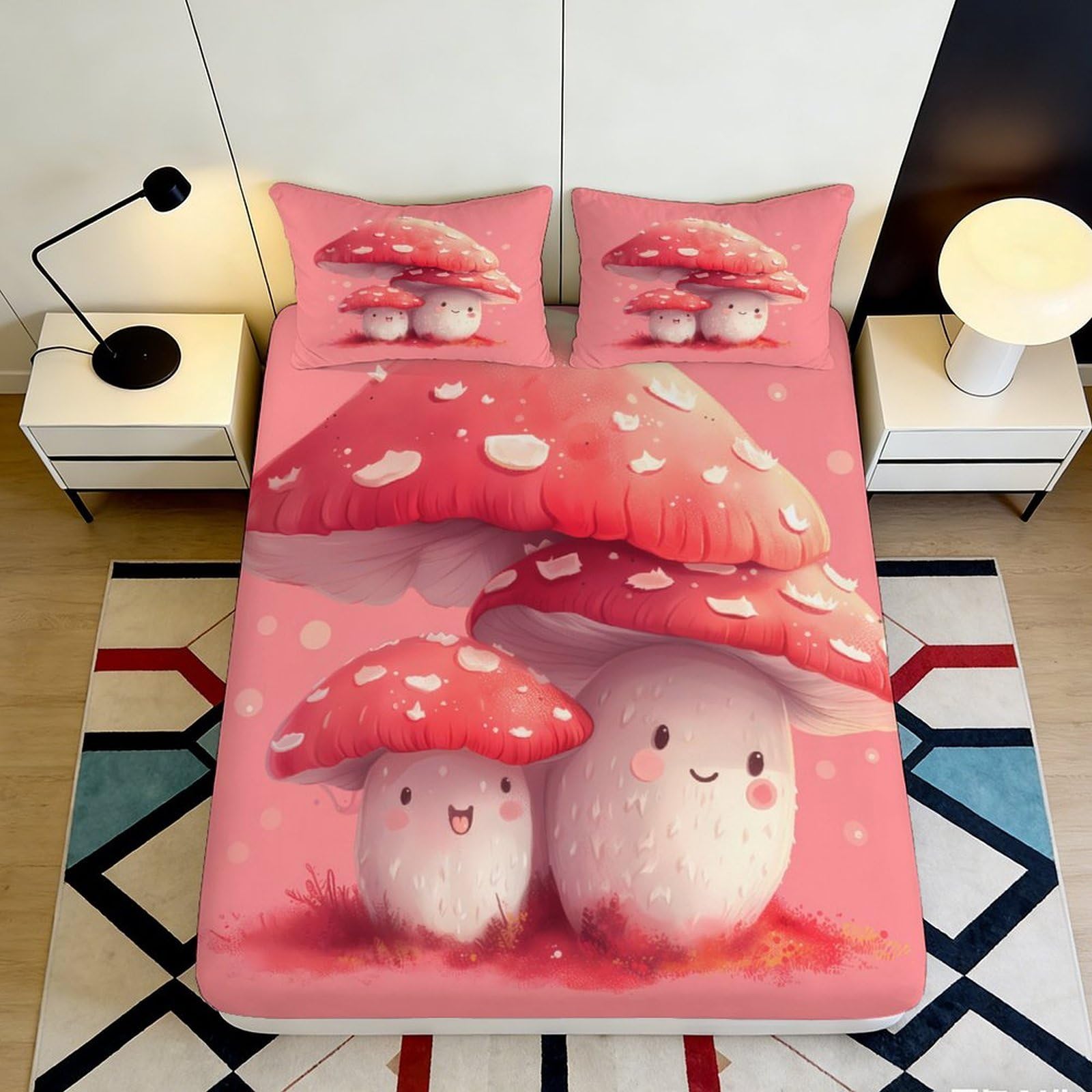 Decorative Mushroom Fitted Sheet Pink 3D Printed Soft Touch Microfiber Bed Cover, Wrinkle Resistant, Home Decor, Apartment Bedding, Easy Care, Bedroom Essentials, Dustproof, 119 chars 90x200x25cm