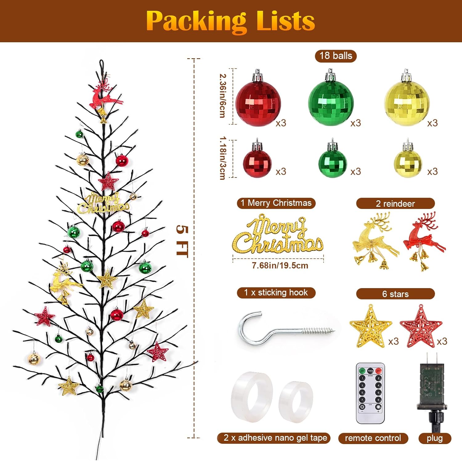 Yinhua 5 FT Wall Christmas Tree Light, Light Up Wall Tree with Remote Timer, 27 PCS Christmas Ornaments, 144 LED Lighted Christmas Tree with 8 Lighting Modes 10 Dimming Levels, Xmas Wall Decor, Gift