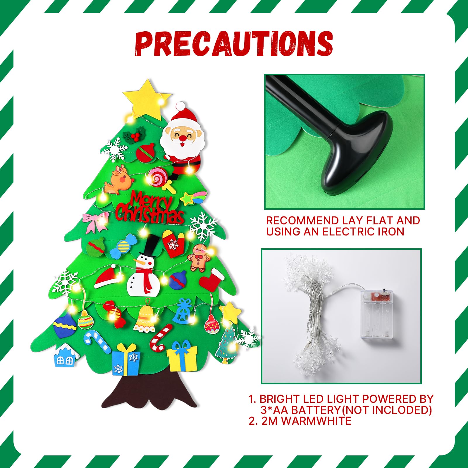 Filz-Weihnachtsbaum für Kinder – 100 cm Wandfilz-Weihnachtsbaum für Kleinkinder mit Lichtern und 34 Ornamenten, DIY Weihnachtsdekorationen