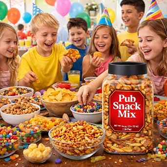 Pub Snack Mix Crunch Assortment 44 Oz Party Size Savory Snack - Honey Mustard Cheddar Cheese Pretzel Sesame Chips Rice Cracker Nacho Bagel Worcestershire Rye