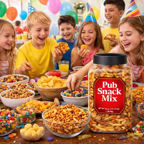 Pub Snack Mix Crunch Assortment 44 Oz Party Size Savory Snack - Honey Mustard Cheddar Cheese Pretzel Sesame Chips Rice Cracker Nacho Bagel Worcestershire Rye