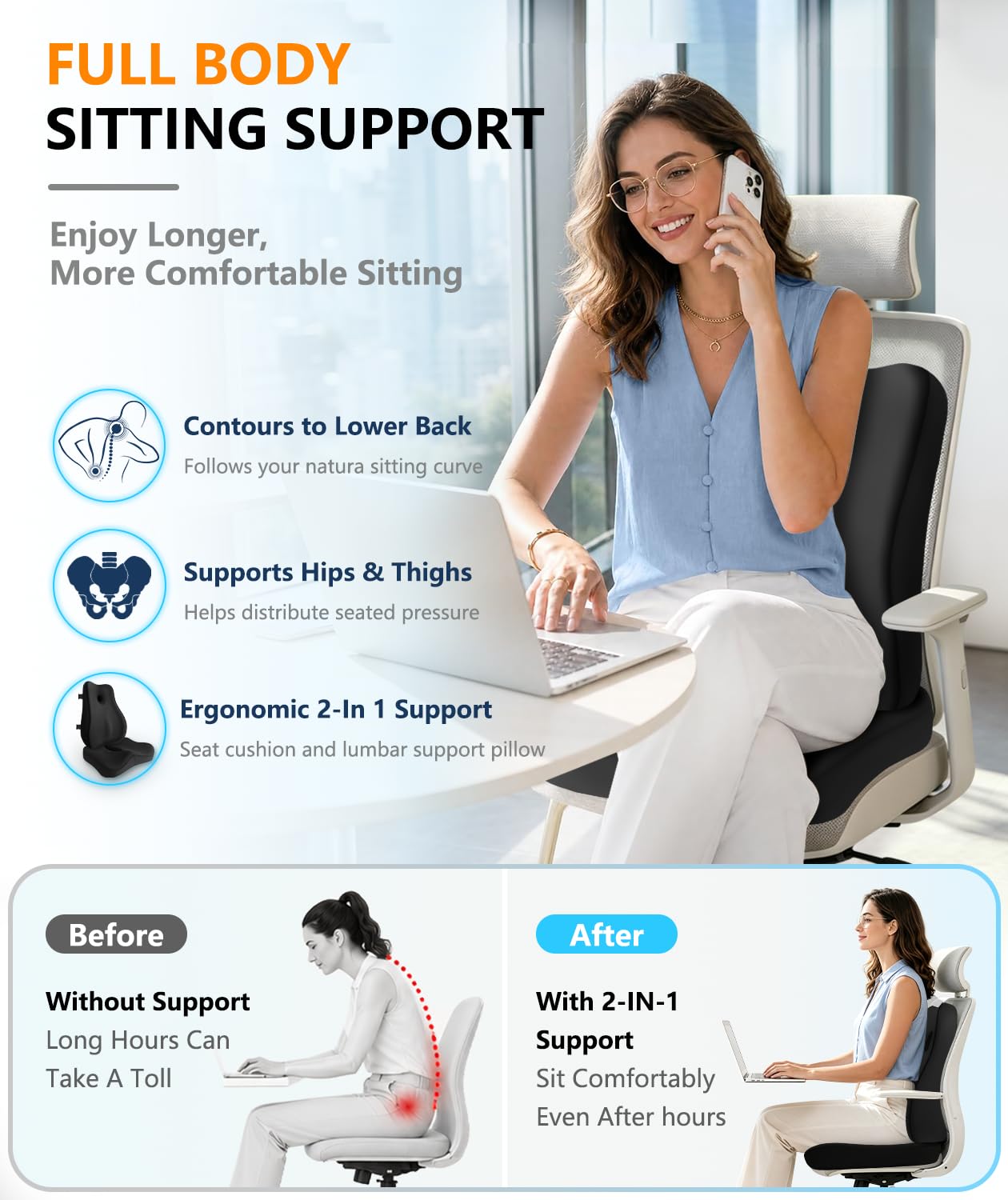 Juego de cojín de asiento y almohada de apoyo lumbar para silla de oficina, almohada ergonómica para aliviar el dolor de ciática, almohada de apoyo de espalda de espuma viscoelástica y cojín