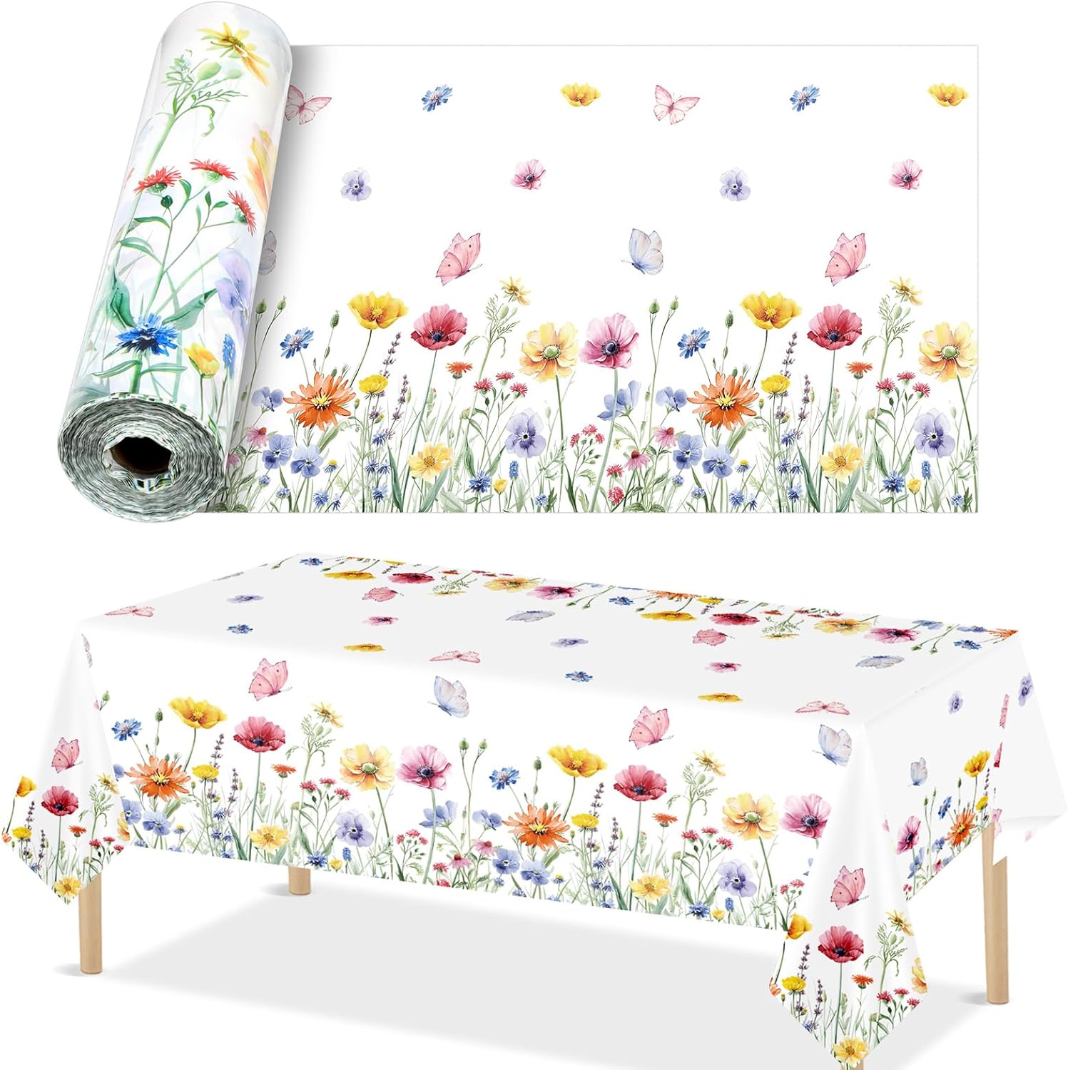 Spring Floral Tablecloth Roll 100 Ft x 51 Inch Spring Table Cover Roll Plastic Wild Flower Party Table Cloth Decoration Disposable Plastic Tablecloth for Springtime Birthday Party Wedding Tea Supplies