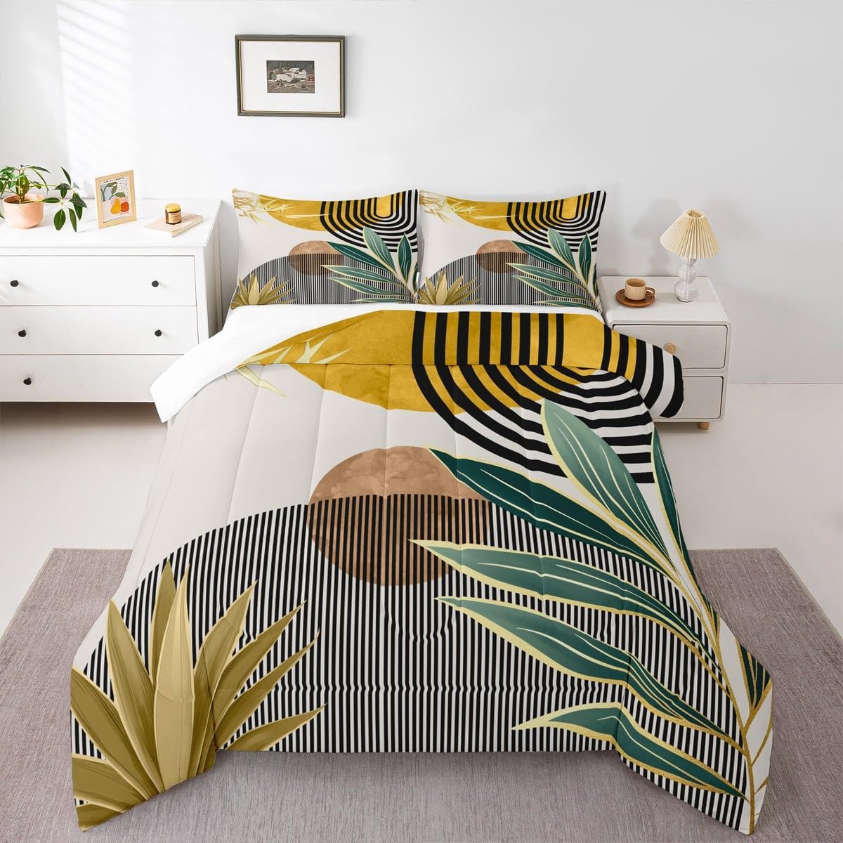 Erosebridal Mid Century Bedding Set Queen Size Contemporary Bohemian Comforter Set,Modern Abstract Stripes Bedding Comforter Sets Geometric Retro Minimalism Quilt for Boys Girls,Yellow