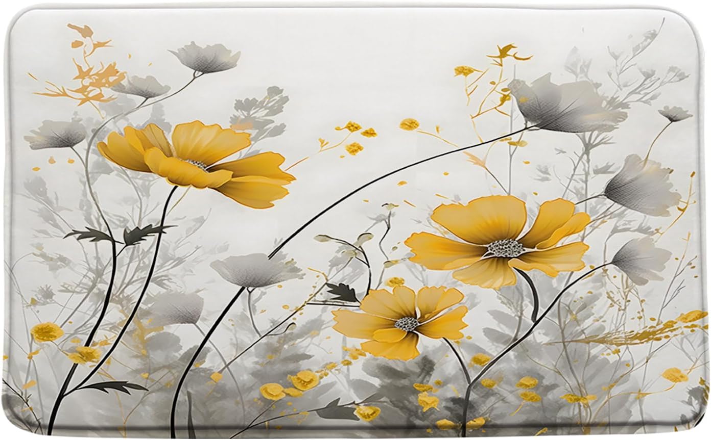 Yellow Flower Bath Mat Rustic Farmhouse Watercolor Yellow Floral Gray Leaves Modern Romantic Nature Plant Vintage Bathroom Decor Rug Doormat Toilet Floor Rug,24x60 Inch