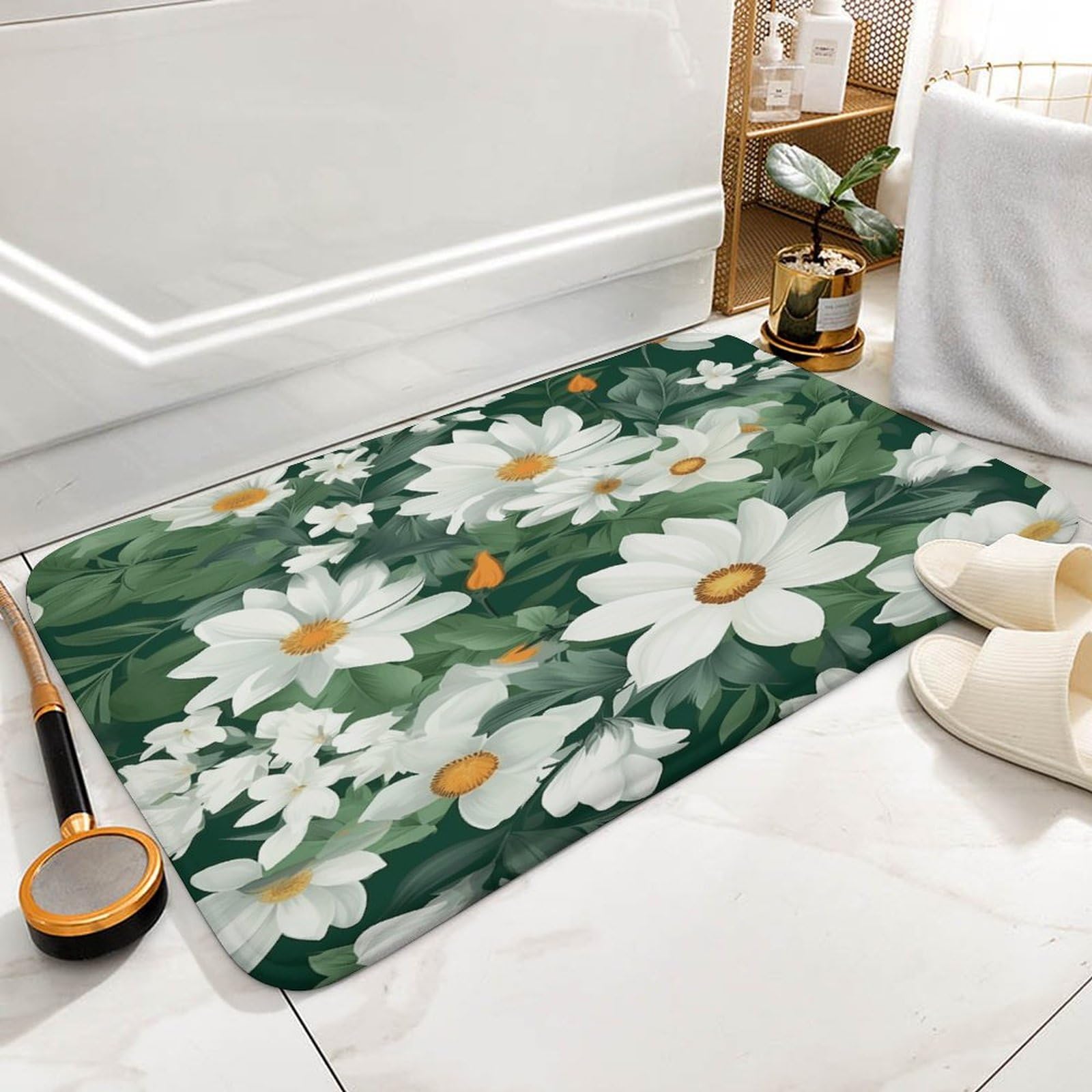 Tapete de bienvenida para interiores y exteriores, antideslizante, hojas verdes y flores blancas, tapete para entrada, porche, lavandería, baño, dormitorio, alfombra de 40 cm x 60 cm