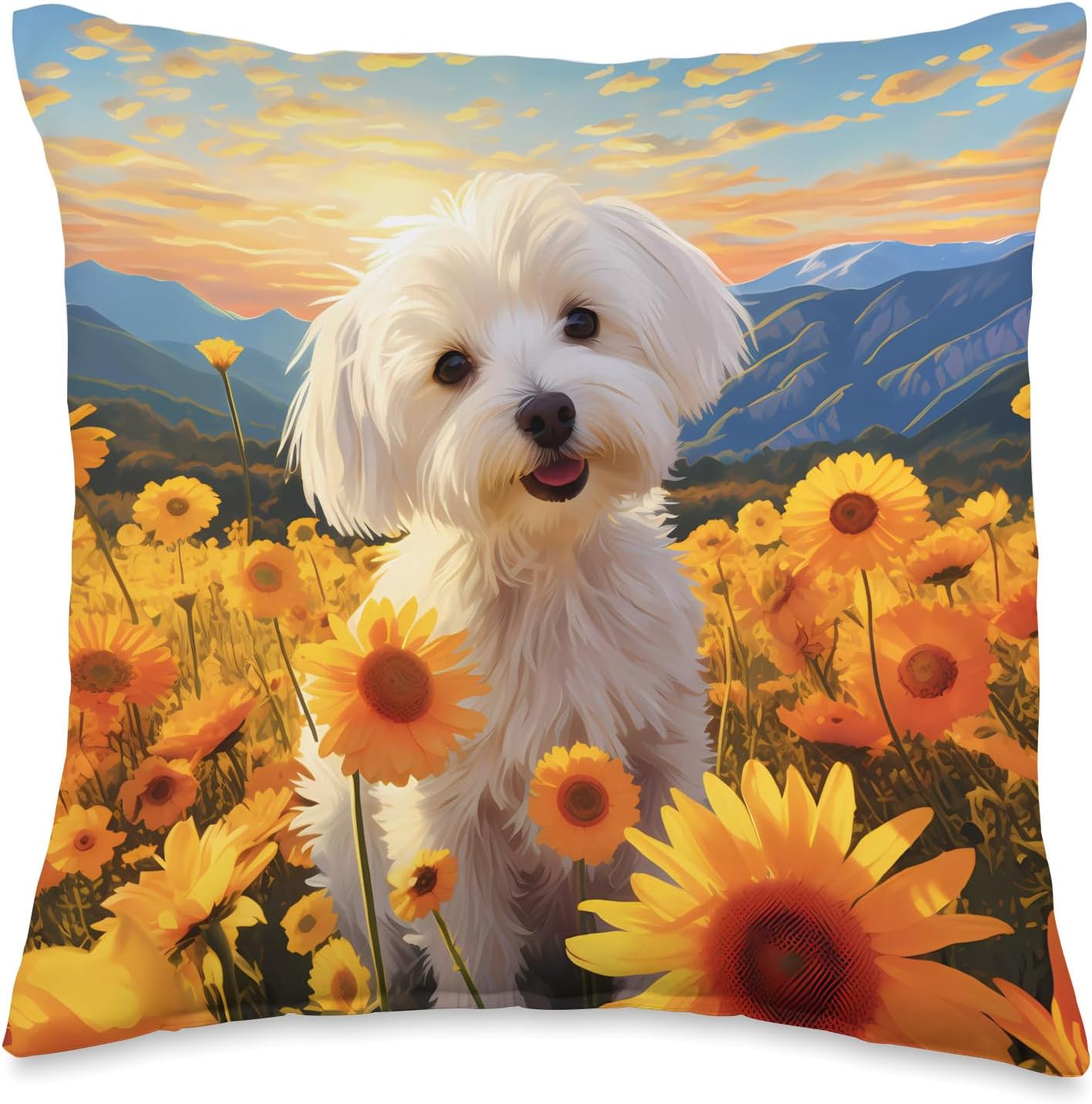 Cute Maltese Flower Meadow Mountain Sunset Puppy Dog Throw Pillow