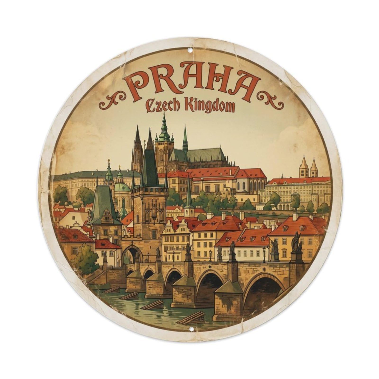 Vintage Travel Prague Czech Castle Metal Tin Sign Plaque Wall Decor for Cafe, Club Bar, Office, Home Garden Round Metal Poster 8x8Inch