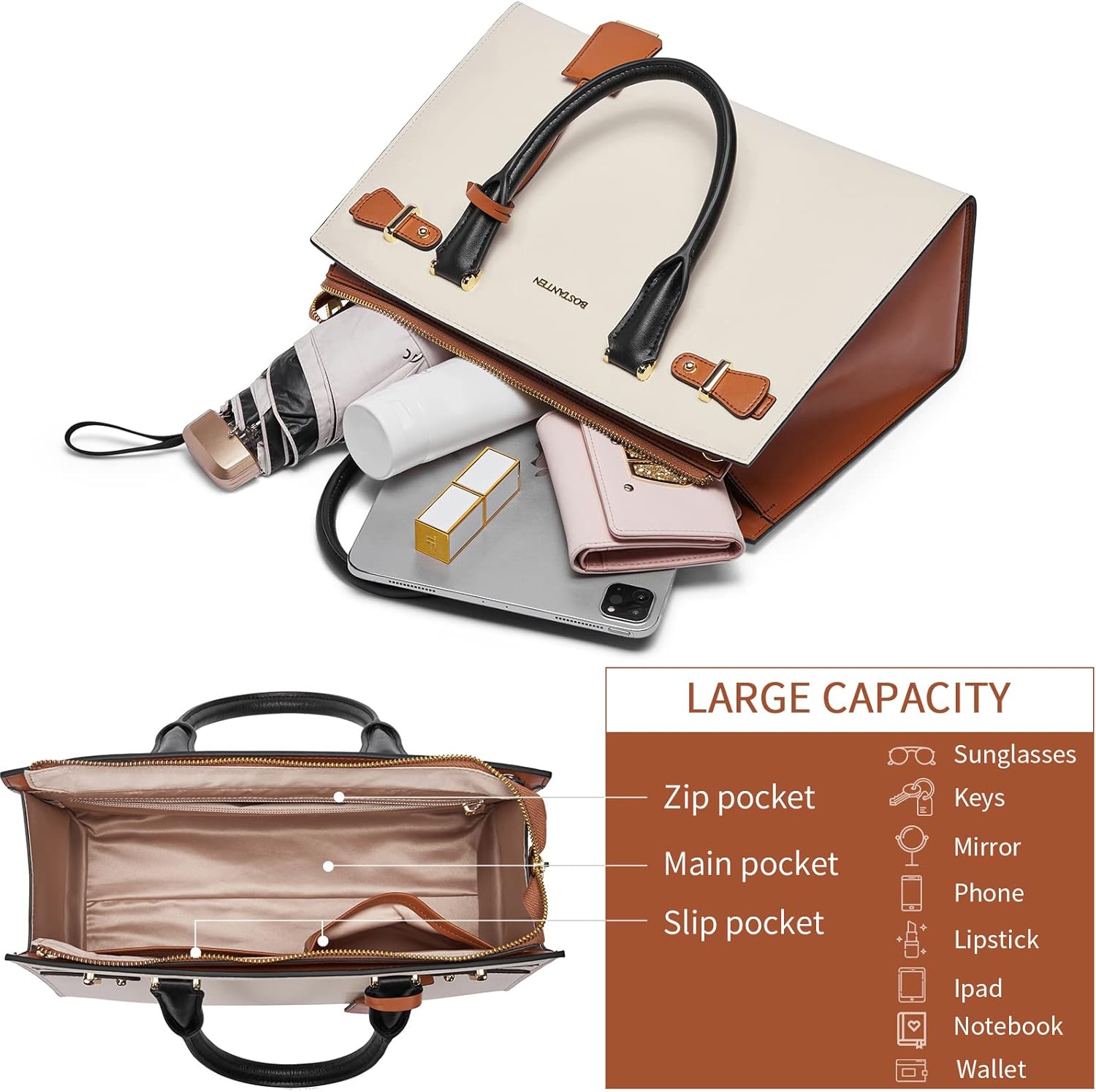 Miniatura 4 de BOSTANTEN Bolso de cuero para mujer, bolso de diseñador con asa superior, bolso cruzado, Bolsas colgantes de cuero para mujer