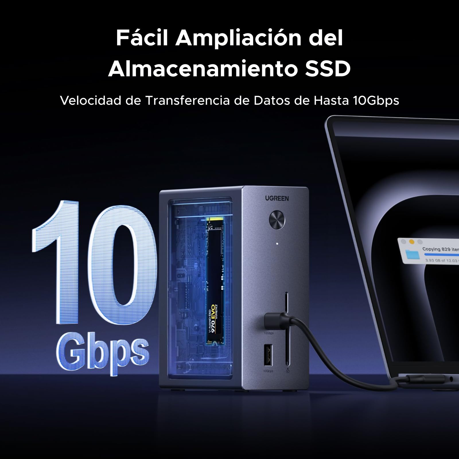 UGREEN Revodok Pro Docking Station USB C 10 en 1 Estación de Acoplamiento | Con Boîtier SSD M.2 NVME, HDMI 4K 60Hz, 10Gbps Transferencia Rápida, PD 100W, Ethernet Gigabit, Lector de Tarjetas SD y TF