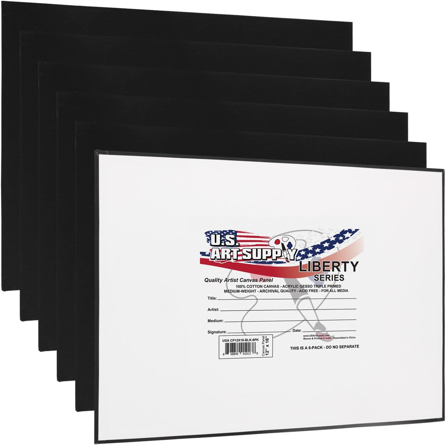 U.S. Art Supply 12 X 16 Inch Black Art Canvas Board Panels 6 Pack - 8 Ounce Heavyweight Cotton Acid Free Canvases for Painting Acrylics and Watercolor (1 Case of 6 Single Canvas Painting Panels)