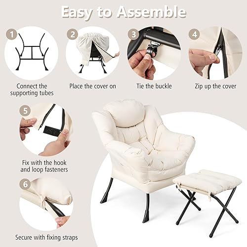 Miniatura 7 de Giantex Silla perezosa con otomana, sofá decorativo con reposapiés plegable, bolsillo de almacenamiento lateral, sillón tapizado de ocio con