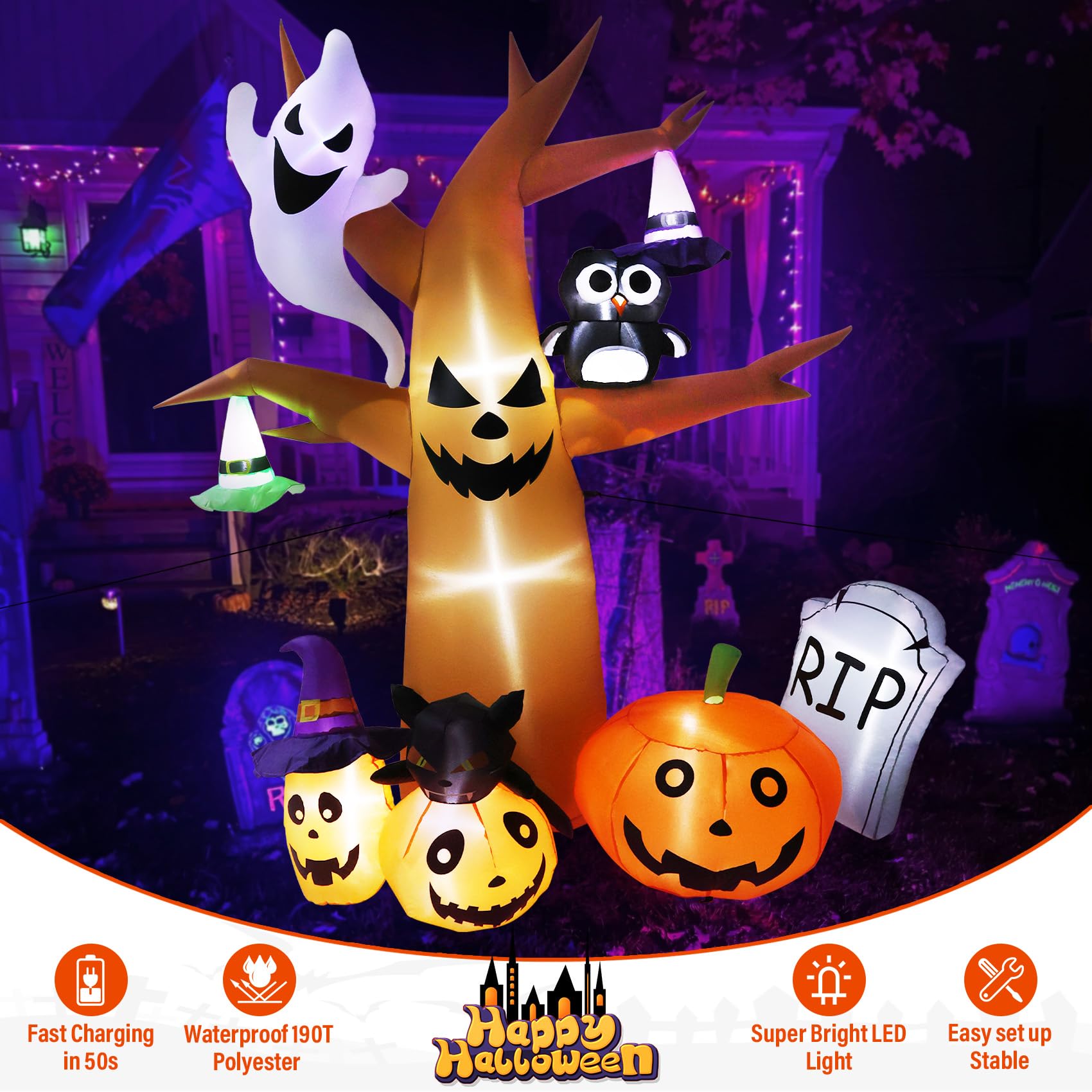 Albero Spaventoso Gonfiabile Halloween 2.4m Con Fantasma E Luci LED - Decorazione Da Giardino