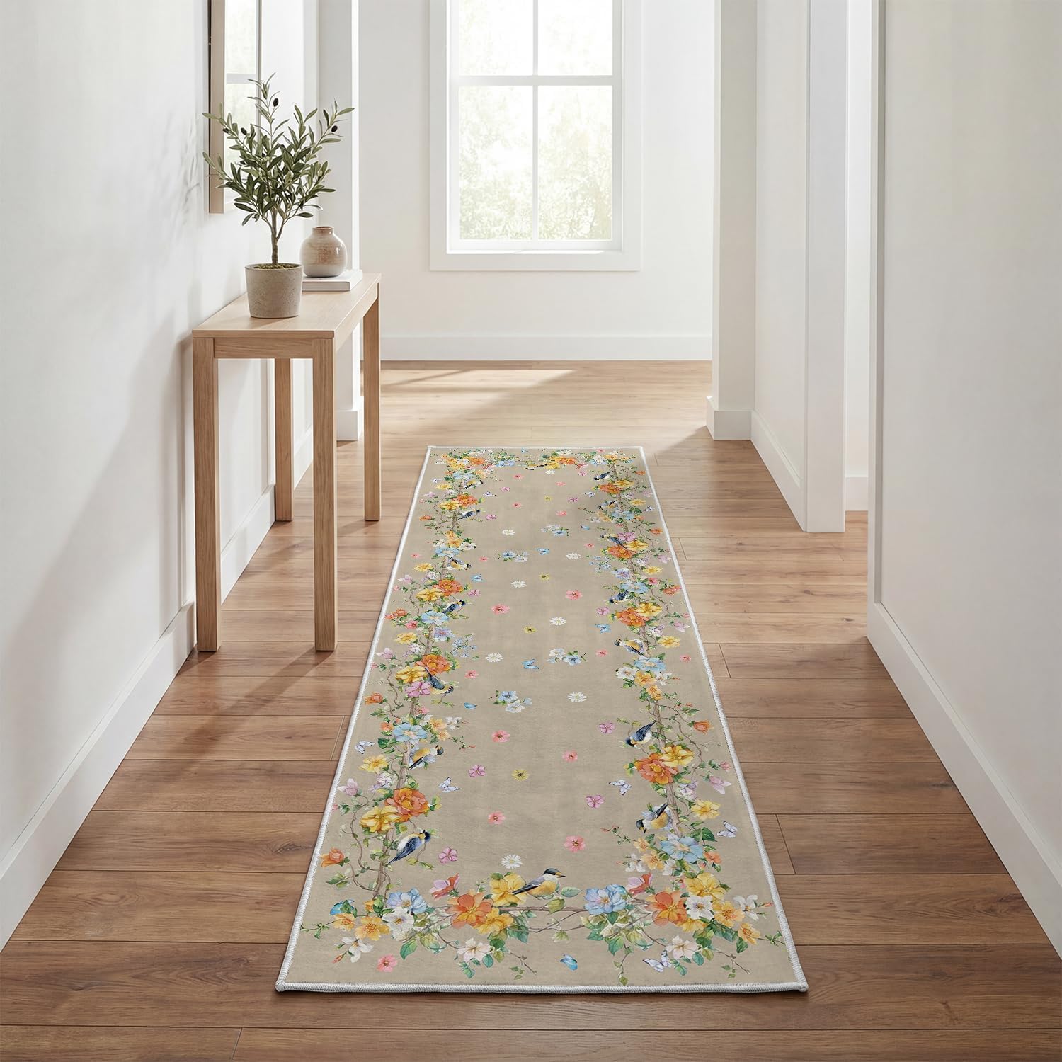 Artoid Mode Brown Bird Flower Spring Runner Rug, Summer Home Decor Low-Profile Non-Slip Washable Carpet Runner for Hallways Kitchen Laundry Bedroom Bathroom 2x6 Feet