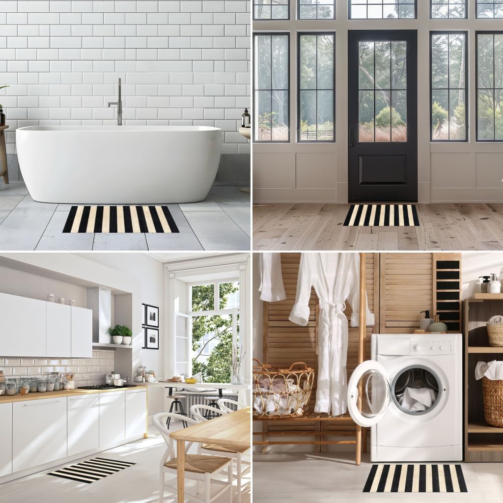 Wash + Dry Farmhouse Striped One-Piece Washable Rug with Rubber Backing, Small Mat for Entryway, Kitchen, Bathroom, Non-Slip Indoor Doormat, Washable Entryway Rug, Black and Cream Stripes, 20" x 27.5"
