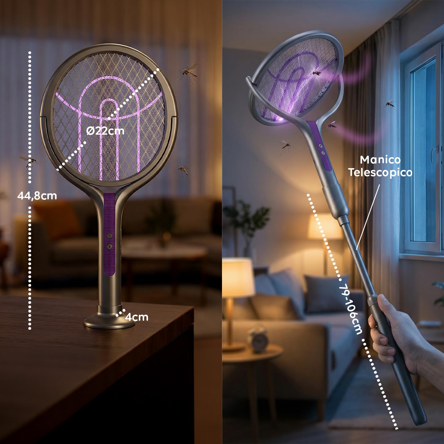 Avilia - Racchetta Zanzare Elettrica Telescopica 2 in 1 – 4000V, Griglia 5 Strati, Luce UV 365nm, USB-C | Racchetta Elettrica per Zanzare Ricaricabile 1800mAh, 79-108 cm, Griglia 90°,Da Tavolo/Manuale
