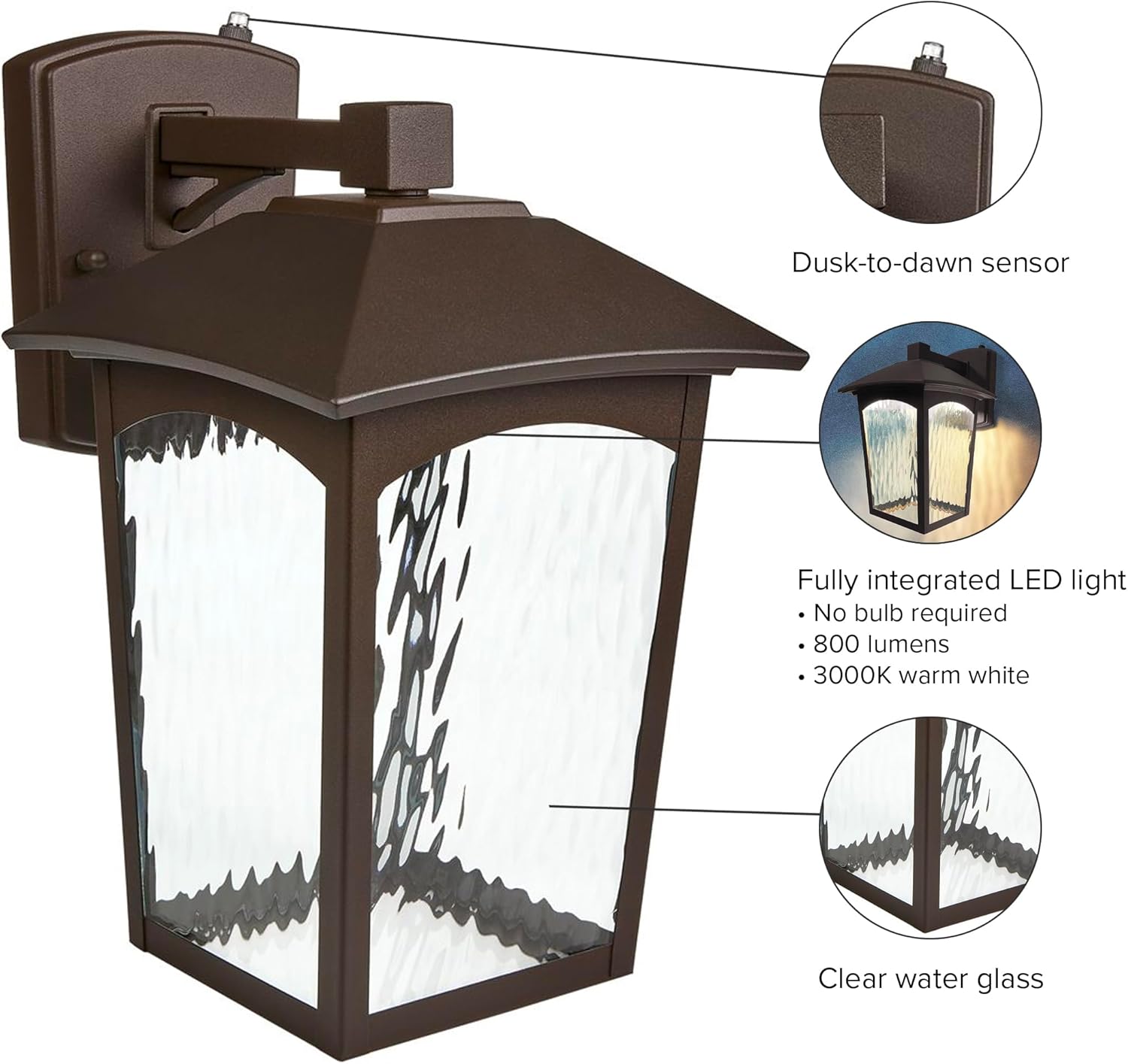 Maxxima LED Porch Lantern - Outdoor Wall Light, Bronze w/Water Glass, Photocell Dusk to Dawn Sensor, 800 Lumens, 3000K Warm White, Ideal Fixture for Backyard Patio and Front Door Lighting