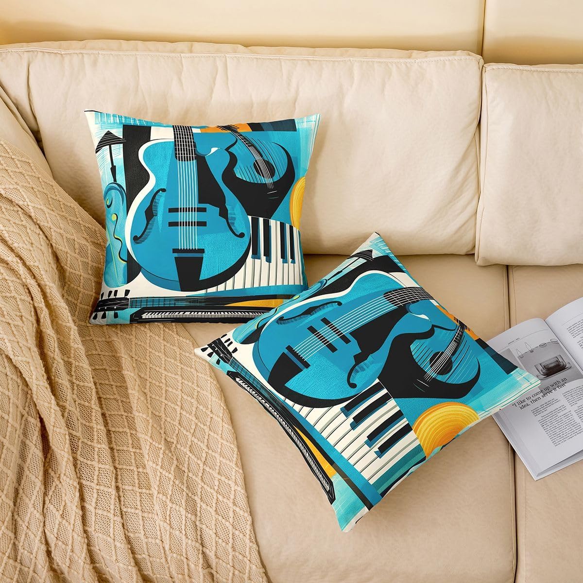 Erosebridal Retro Music Throw Pillow Covers 18x18 Set of 4 for Adults - Modern Musical Instrument Pillow Cover Abstract Geometric Square Cushion Cover Mid Century Jazz Pillowcases for Couch Sofa image 2