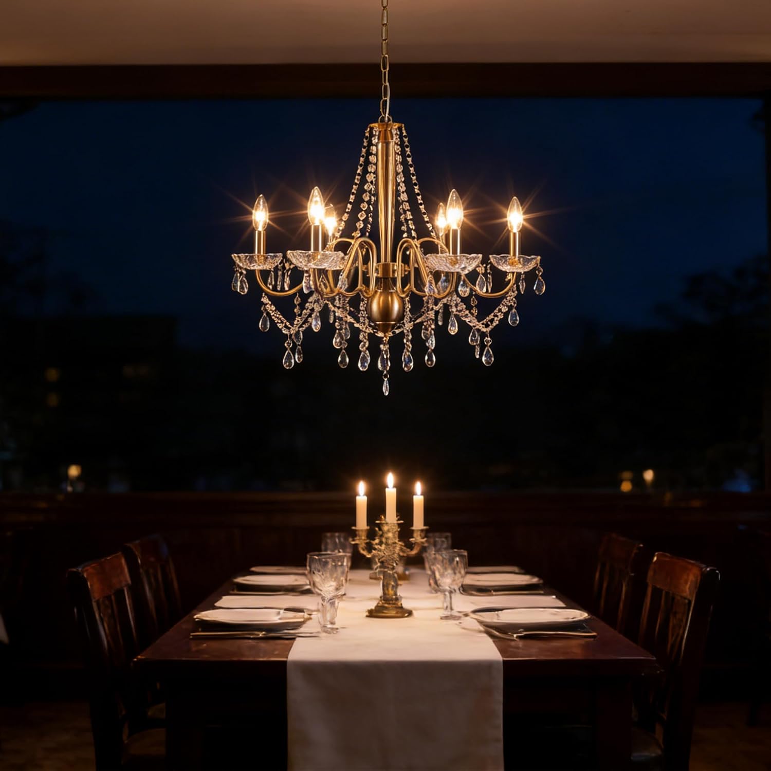 Gold Crystal Chandelier, 6-Light Candle Style Chandelier Lighting with Clear Crystal, 25" Modern Farmhouse Dining Room Chandelier Light Fixture for Living Room Bedroom Kitchen Foyer (Gold)