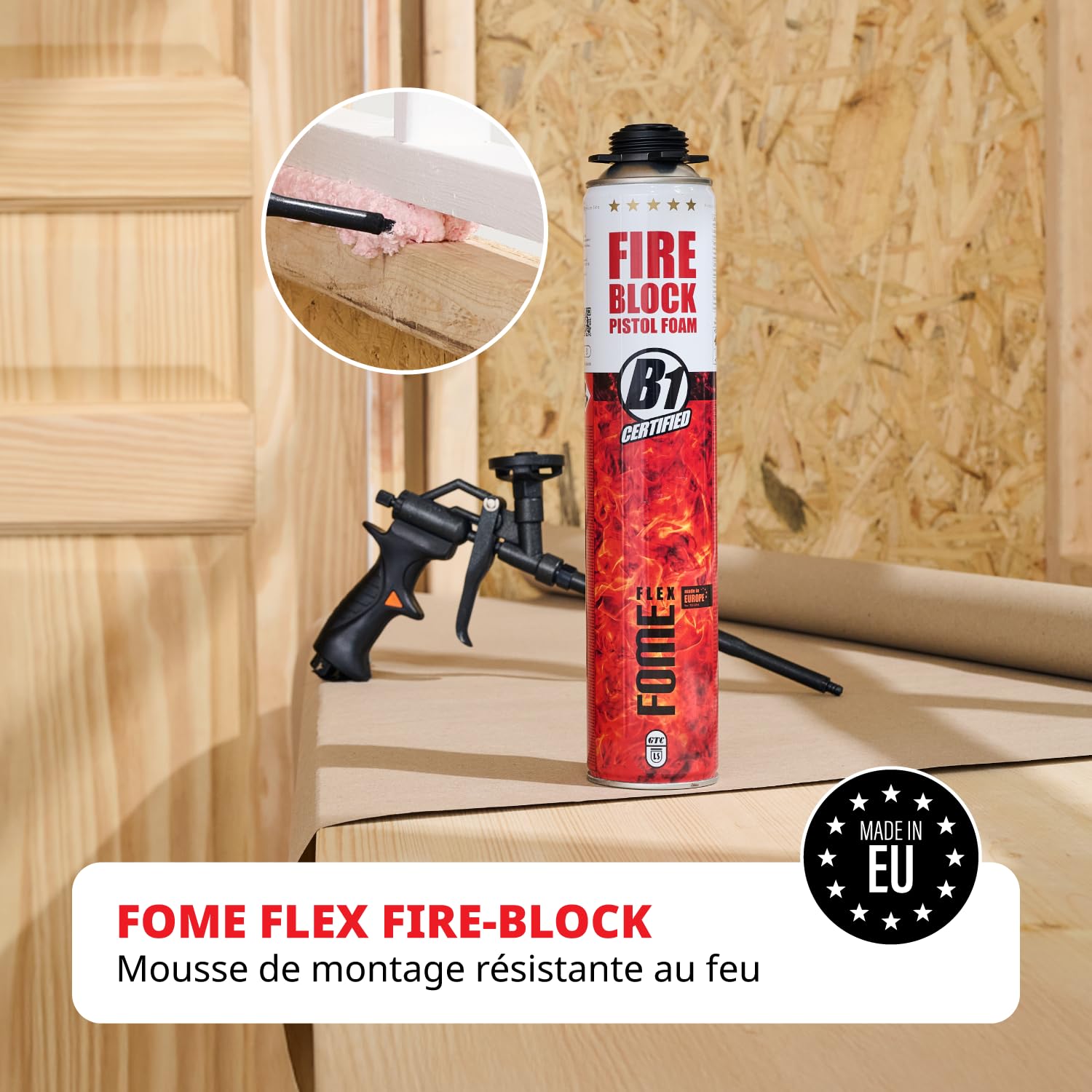 Mousse polyuréthane coupe-feu FOME FLEX Fire Block – pistolable, haute résistance, joints minéraux & métalliques – 12 x 750 ml, résistance au feu jusqu’à 240 min, étanchéité fumée & gaz