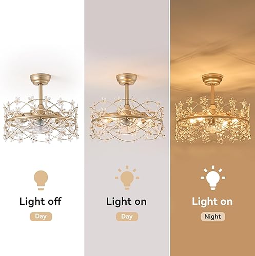 Miniatura 7 de Ventilador de techo enjaulado dorado de 20 pulgadas con luz, ventilador de techo de araña de flores con control remoto de luces, lámpara de cristal