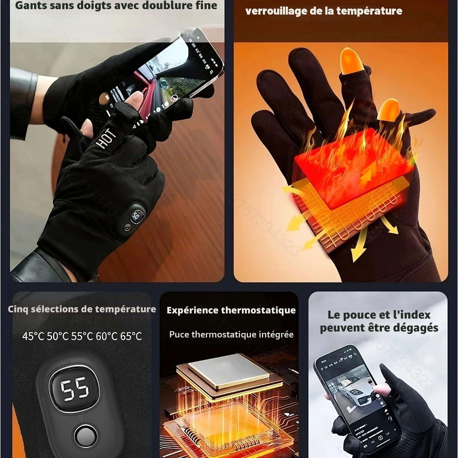 Gants chauffants électriques rechargeables avec batterie de 3000 mAh – 5 réglages de température – Gants chauffants sans doigts pour les activités de plein air, lavables en machine, taille universelle