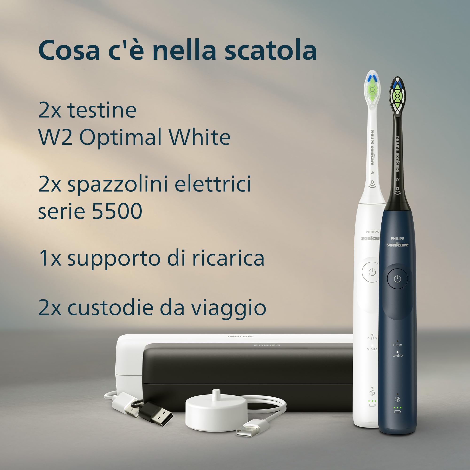 Philips Sonicare 5500, spazzolino elettrico sonico con 2 modalità, avviso di pressione, EasyStart, Smartimer e BrushPacer, bianco e blu navy, confezione da 2, modello HX7119/01 [Nuova tecnologia]
