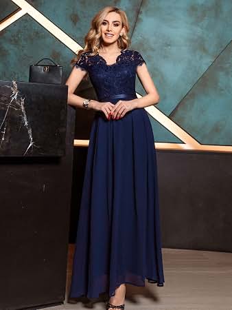 amazon prime navy blue dresses SMAMZ for Women Floral Lace Bodice Chiffon Evening Party Maxi Formal Dress(Navy Blue,Large) elegant navy blue formal dress