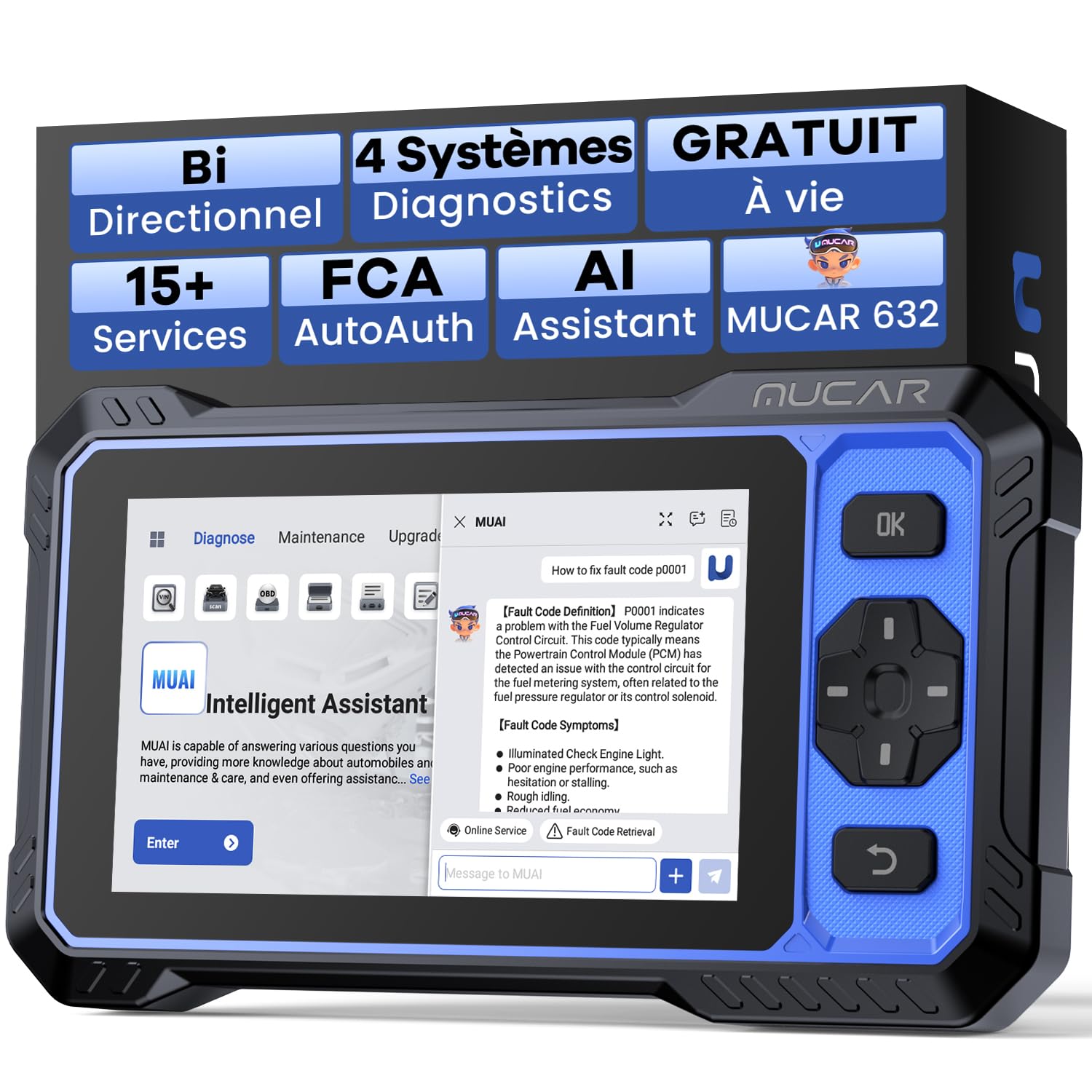 mucar 632 AI Valise Diagnostic Auto,Bidirectionnel OBDII Diagnostic Français, 15 Réinitialisations,Diagnostic de 4 Les systèmes, FCA AutoAuth, CANFD&DOIP, Gratuit à Vie