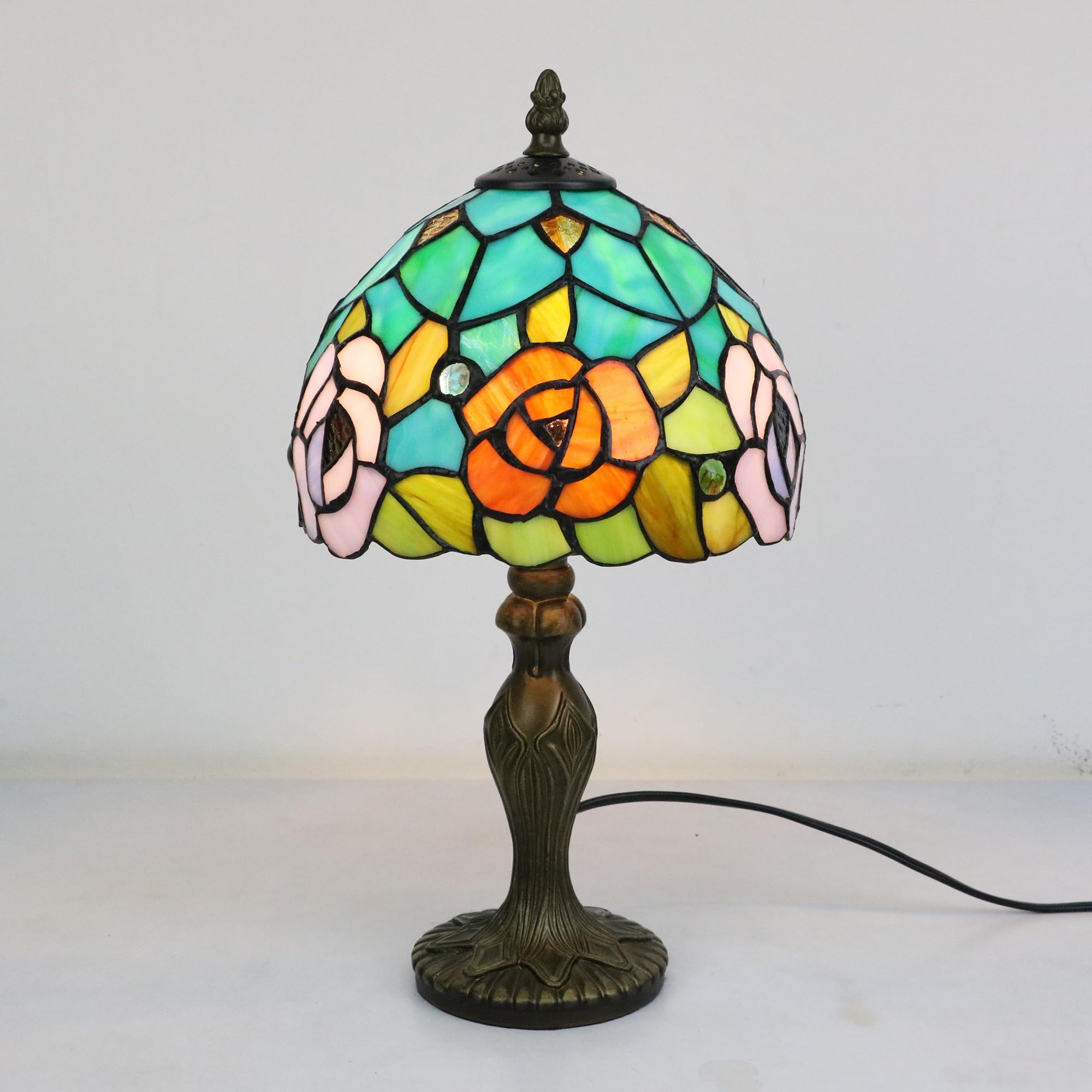 Lampada in Stile Tiffany Fiori di Rosa, Lampada da tavolo, per Soggiorno Camera da letto Tavolino da caffè, Lampadina E14 [Senza lampadine]