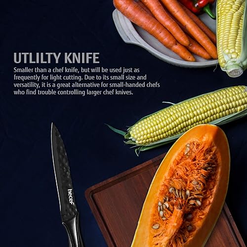 Miniatura 5 de Hecef - Juego de 6 cuchillos de cocina, color negro mate con soporte acrílico, hoja de acero inoxidable martillado y mango de polipropileno, apto