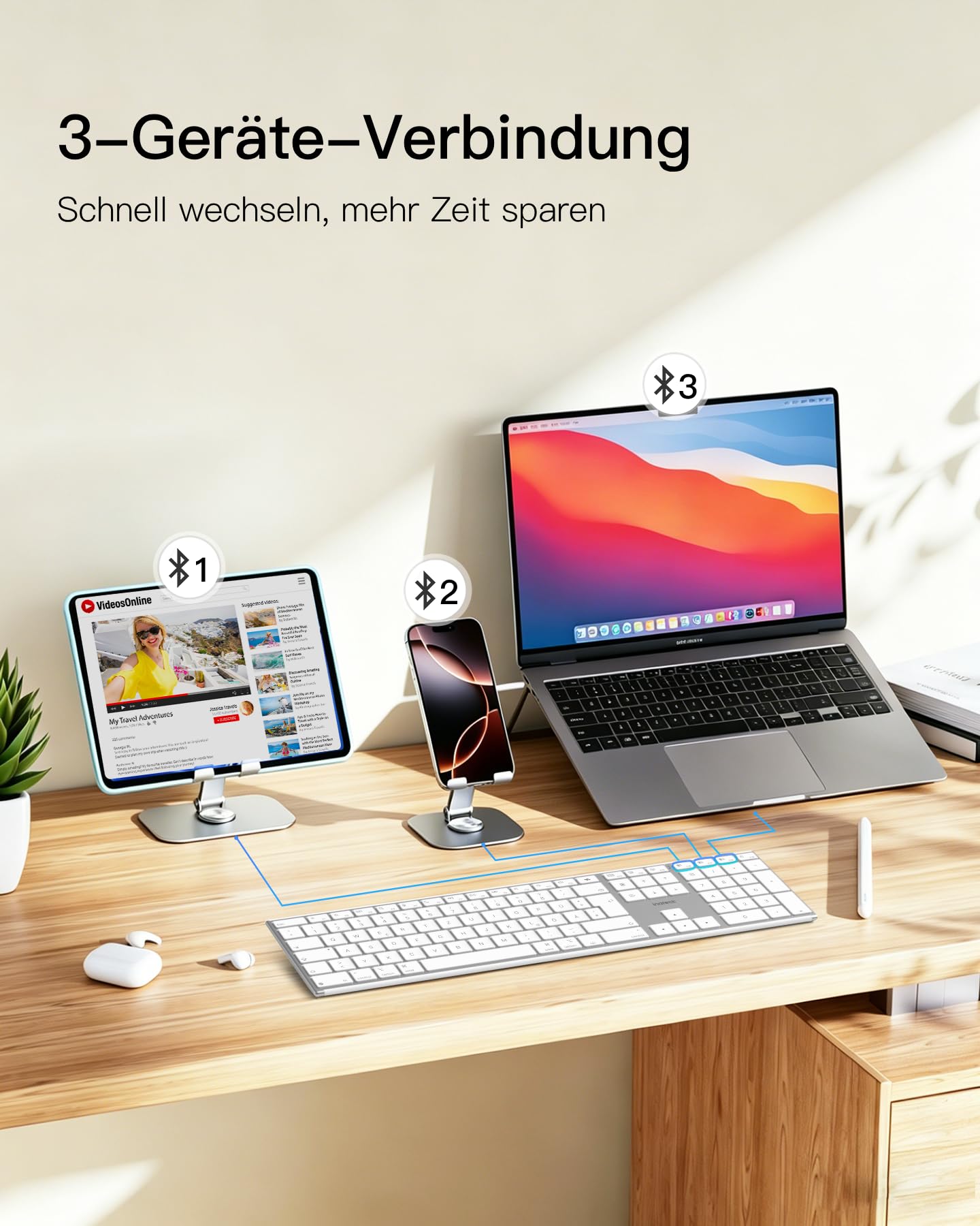 Inateck Bluetooth Mac Tastatur,Kabellose Tastatur mit 3 BT Kanälen,QWERTZ Layout,Leise Tasten, KI-Funktion, Kompatibel mit MacBook Pro/Air, iMac, iMac Pro, Mac mini,iPad