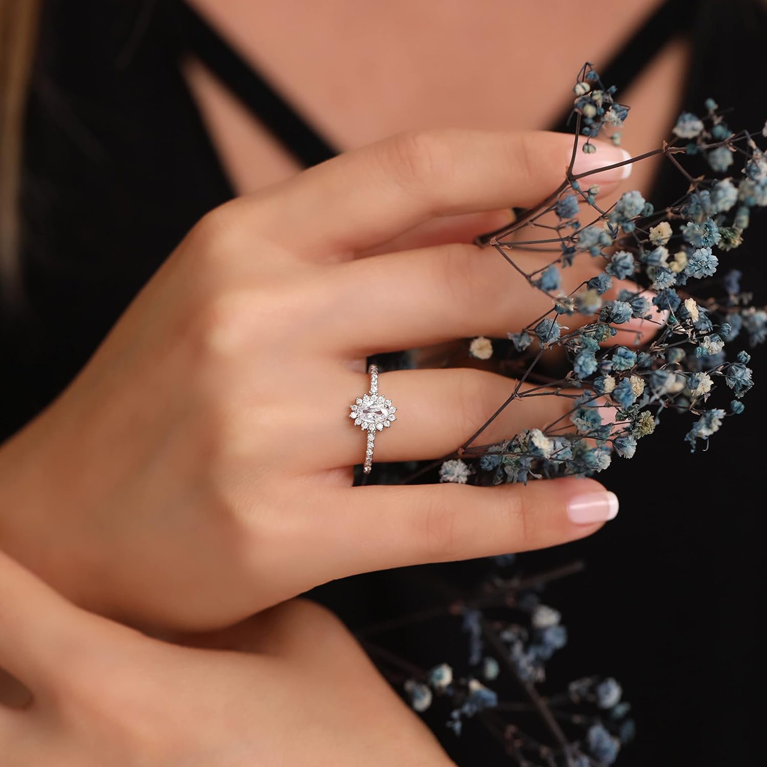 Genuine Solid 925 Sterling Silver with Oval Brilliant Cut Clear Cz Cubic Zirconia Stone Engagement Wedding Promise Halo Ring Luxury Gift for Women - Image 3