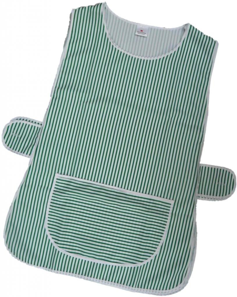 Hduk Tabards & Aprons Women's Green Hduk Striped Home/Work Tabard (Tabbard) Apron With Single Large Front Pocket, White Piping And Side Fastening Button Tabs (Uk 12/14 (Wx), )