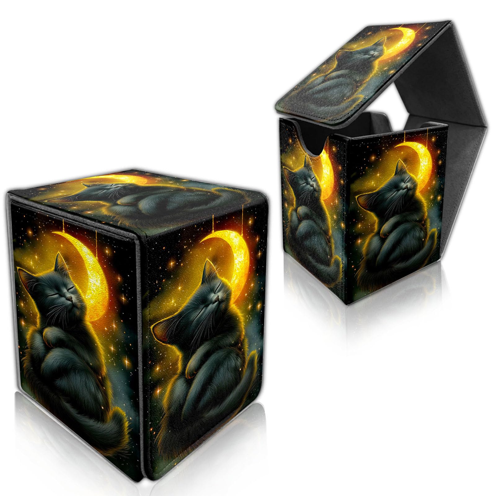 DISUOFEART for MTG Deck Box, Trading Card Storage Case Holds 100+ Sleeved Cards, Cat by Crescent Moon Magnetic Closure Durable Deck Holder for Magic The Gathering, TCG & Commander