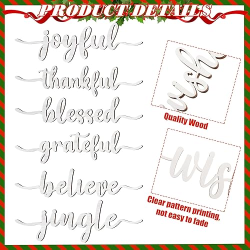 Miniatura 77 de 12 piezas de Navidad con recorte de madera con texto en inglés "Joyful Merry Thankful Grateful Blessed Peace Gather", letrero de Navidad recortado