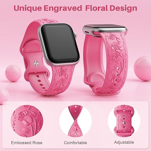 Miniatura 2 de Correa de silicona suave con grabado floral compatible con Apple Watch Band de 1.575 in, 1.614 in, 1.496 in, 1.654 in, 1.732 in, 1.772 in y 1.929 in