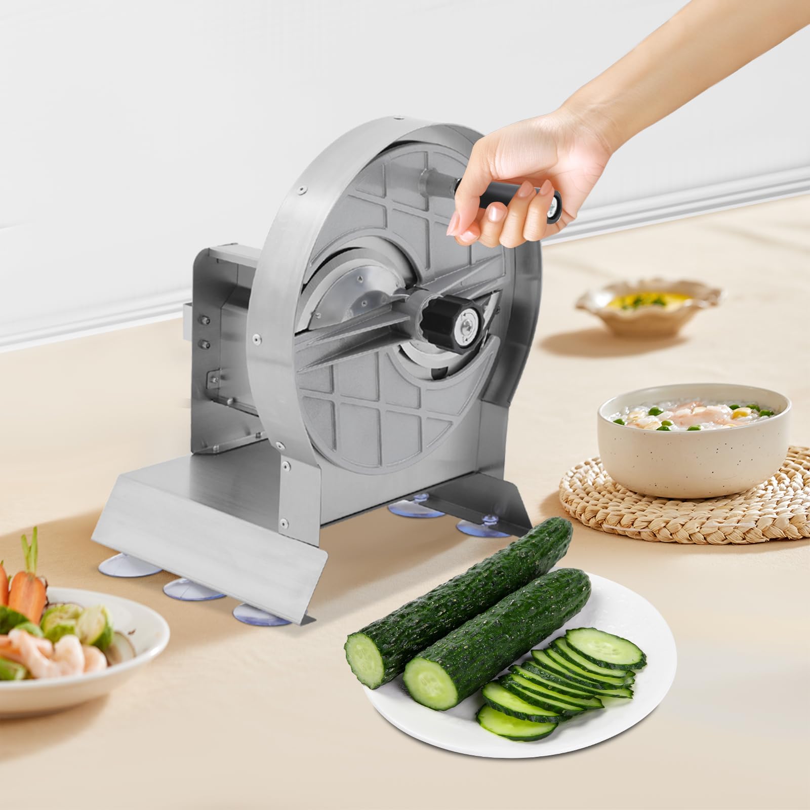 Gemüseschneidemaschine Tischgerät, Manuell Edelstahl-Schneidegerät mit 6 Saugnäpfen Ø 1-10 mm, Schnittdicke Einstellbarer Hobel, Gemüseschneider Gemüse-Cutter für Gastronomie