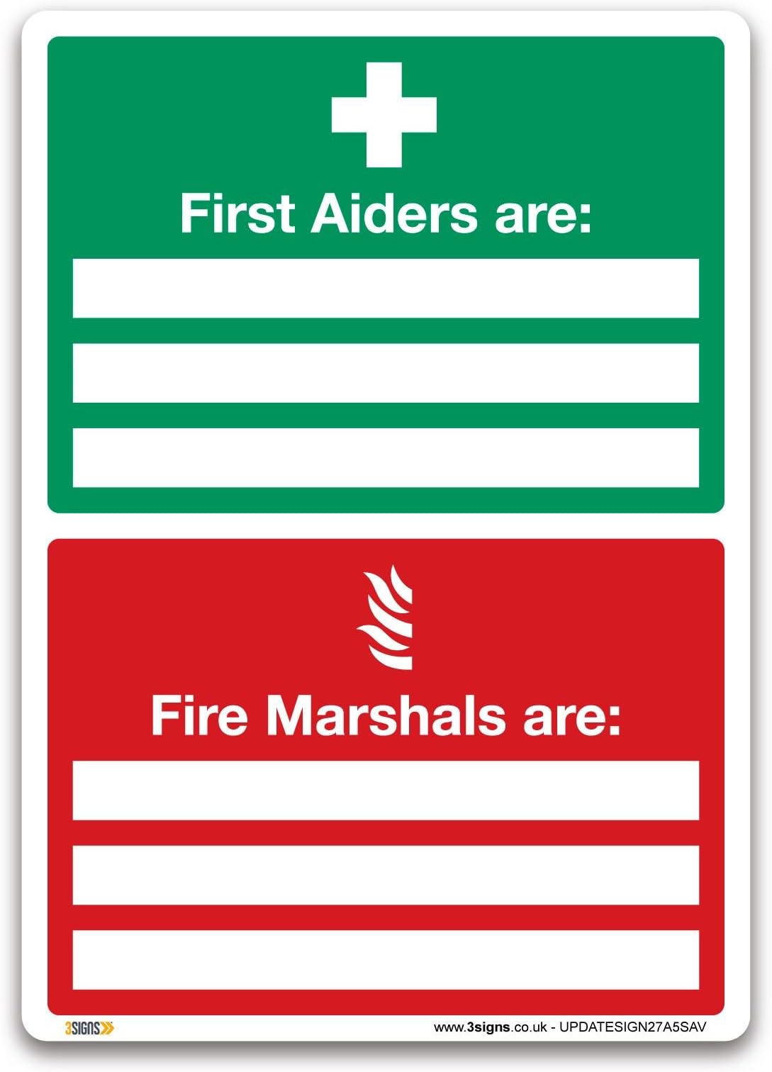 Pack of 2 First Aiders and Fire Marshals Sign - A5 Self-Adhesive Vinyl 210 x 148mm - Essential Fire Marshall Sign - Indoor and Outdoor Use in Workplaces, Offices, Businesses - UK Law Compliant