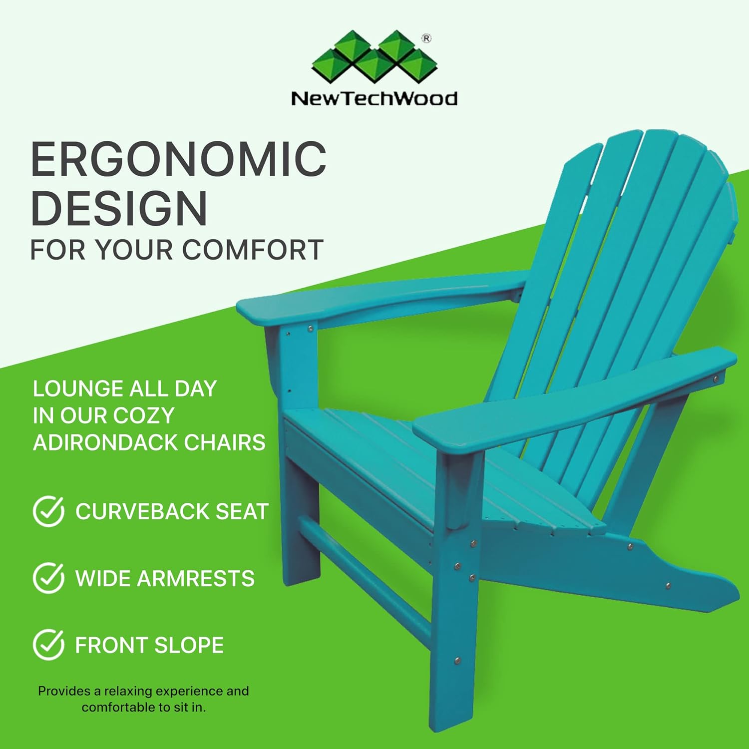 NewTechWood Atlantic Classic Curveback Plastic Weather Resistant Patio Adirondack Chair, Easy Installation, Widely Used in Outdoor, Fire Pit, Deck, Lawn, Outside, Garden Chairs (Seafoam)