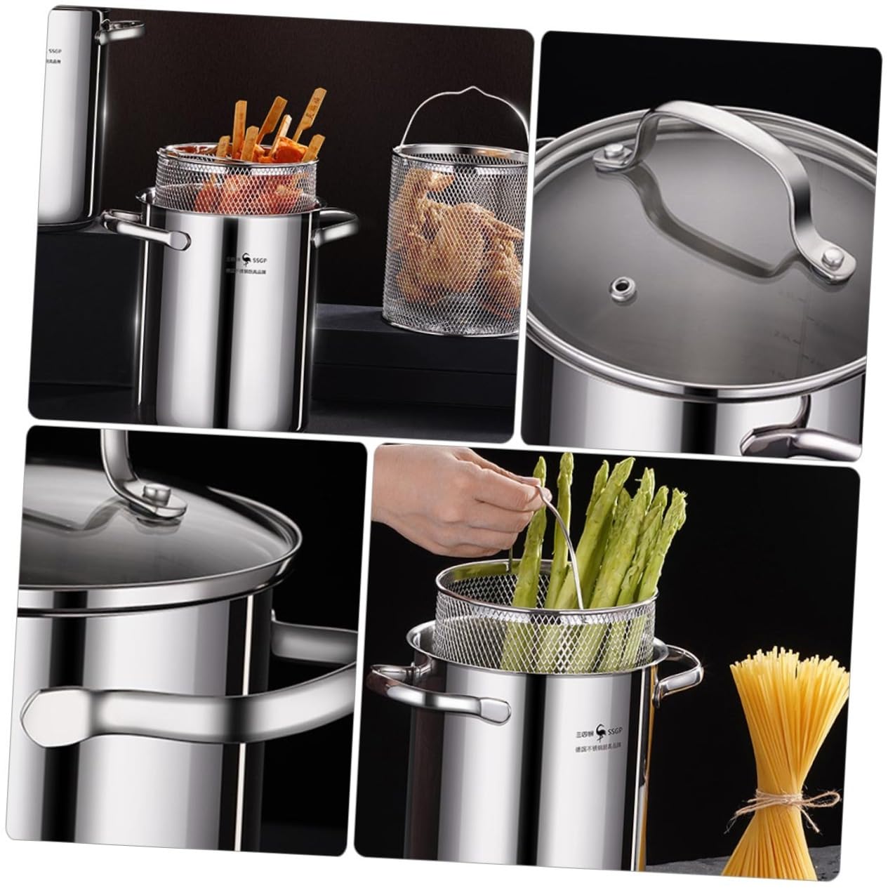 VOSAREA 1Set Stainless Steel Tempura Frying Pot Deep Fryer Pan with Oil Draining Basket for Crispier Foods Non Stick Design Suitable for All Stove Kitchen Essential