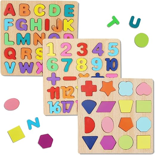 SHINETOY Wooden Puzzles for Toddlers, Wooden ABC Alphabet Number Shape Puzzles Toddler Learning Puzzle Toys for Kids 1-3 Years Old, 3 in 1 Early Education Gift for Kids