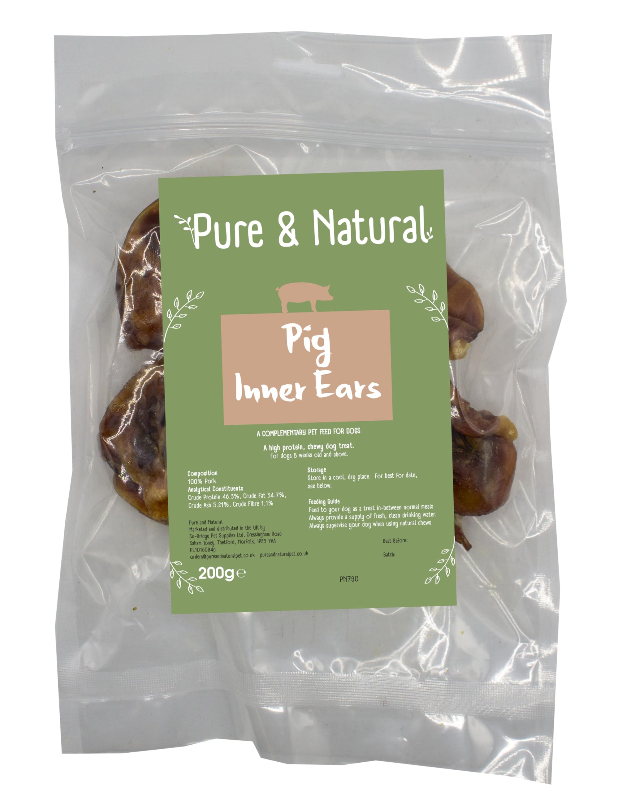 Pure & Natural Pig Inner Ears Dog Chews - 100% Natural Dog Treats for Large Dogs - Healthy Pigs Ears for Dogs - 200 g