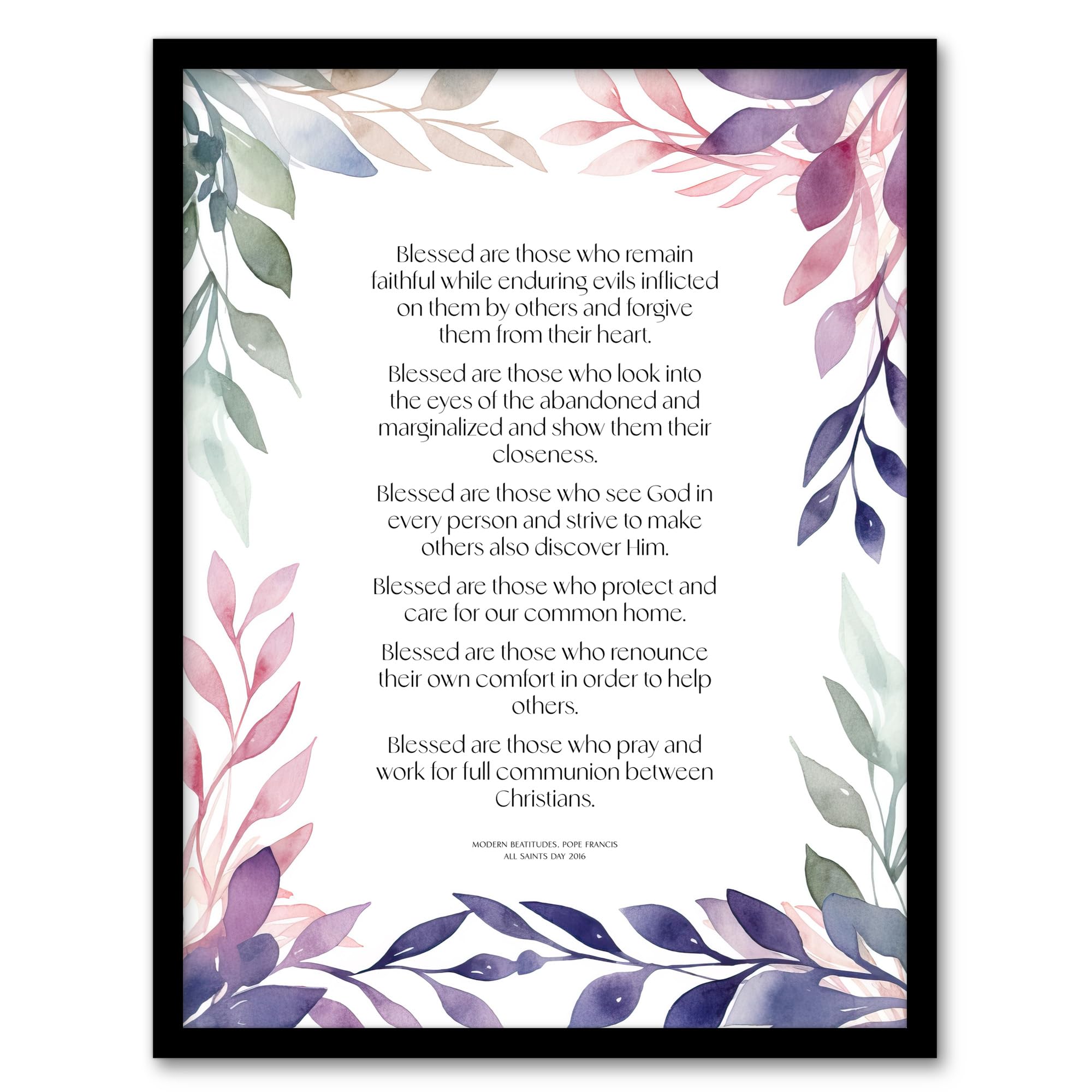Blessed Beatitudes Violet Pope Francis Quote Bible Wall Art Print - Framed Art - A4 Size - Purple