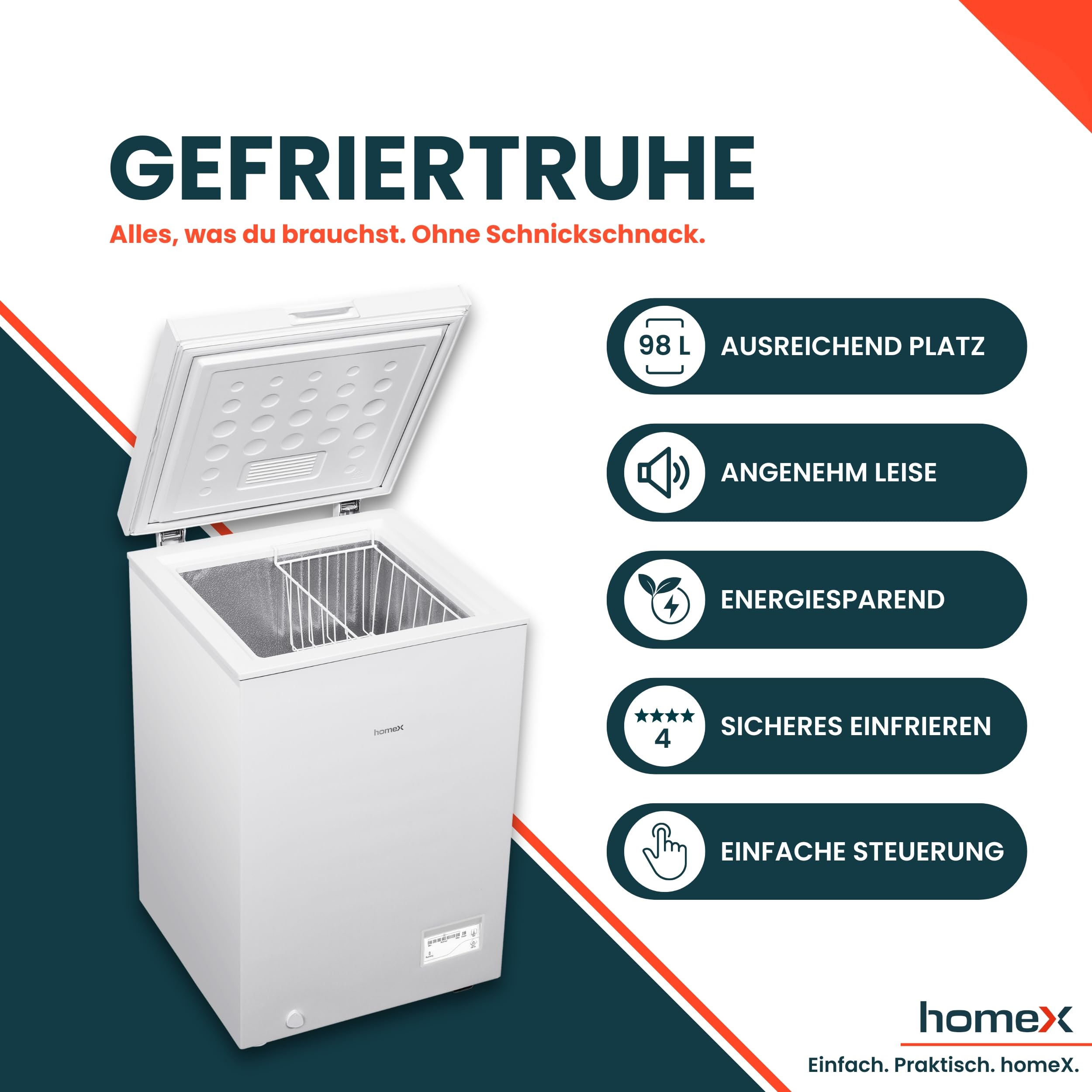 homeX Gefriertruhe 98L 4-Sterne Super-Frost-Funktion LED-Display weiß FT1020-W