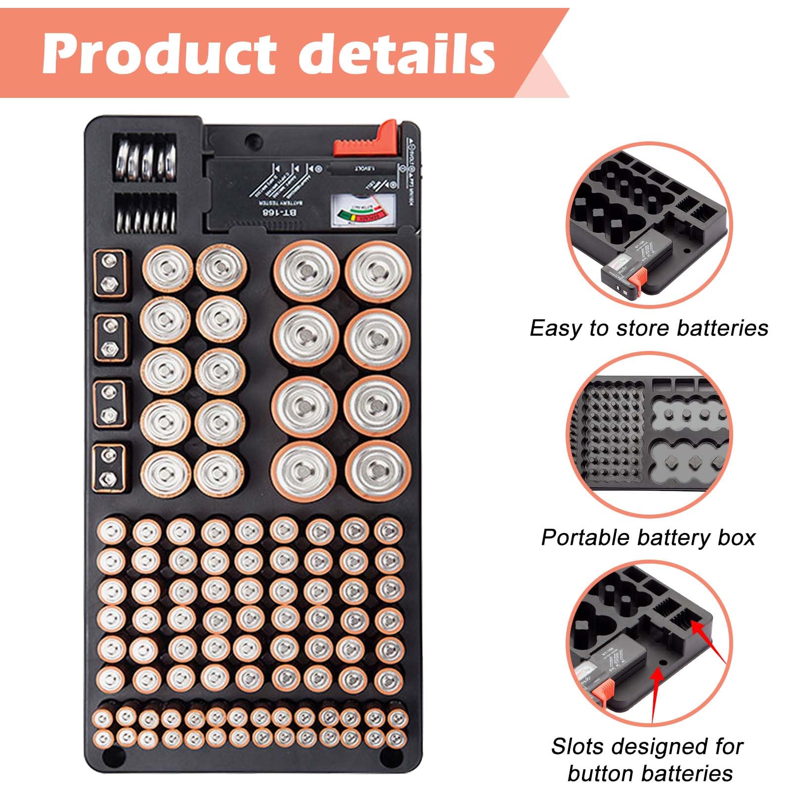 Scatola di immagazzinaggio batteria con tester per 116 batterie AAA AA 9V C D