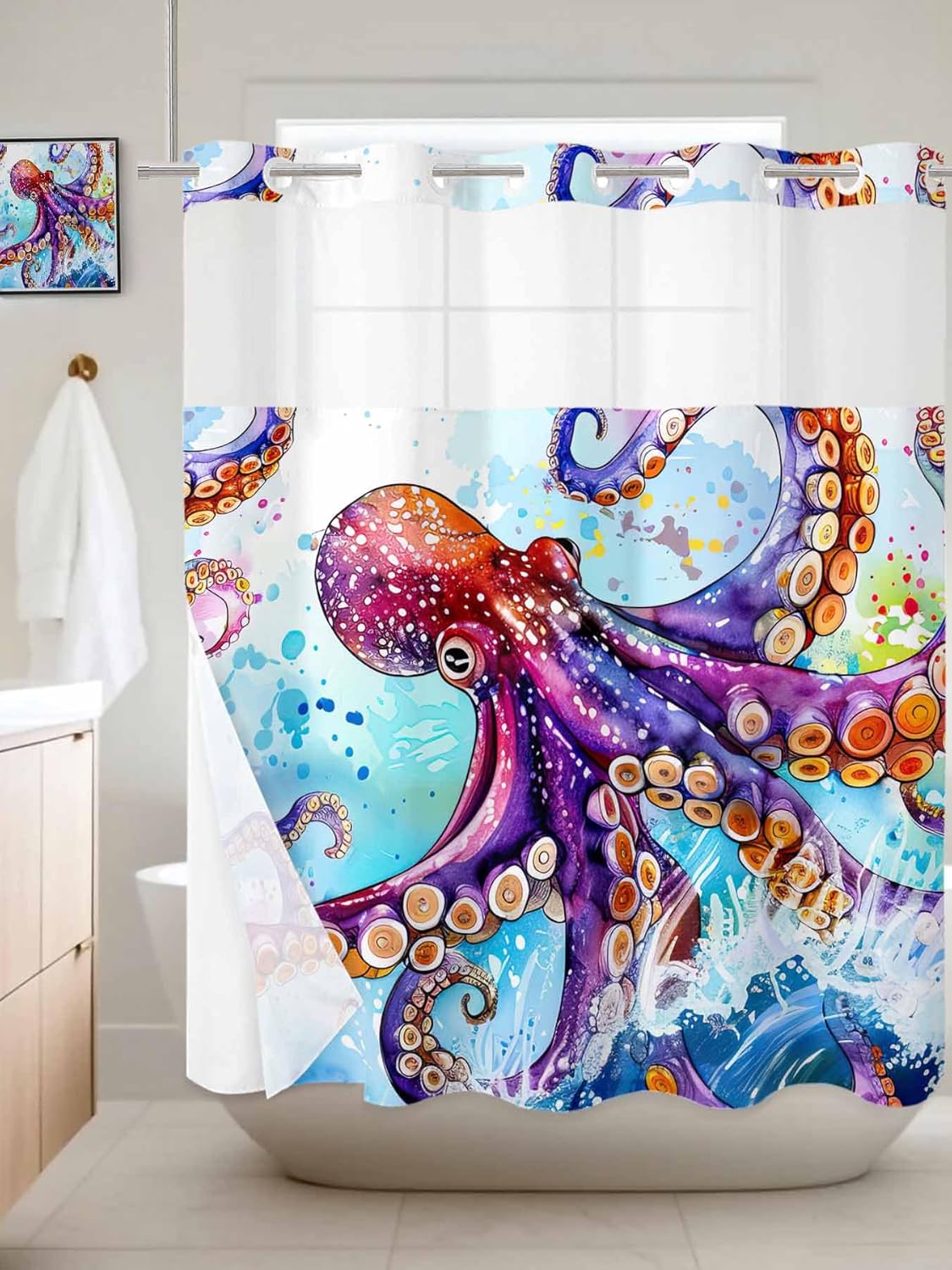 No Hook Shower Curtain with Snap in Liner Octopus Tentacles Shower Curtain Sets Sea Ocean Animal Underwater Marine Life Fabric Liner Set See Through Top Waterproof Curtains for Bathroom 72" W x 78" L