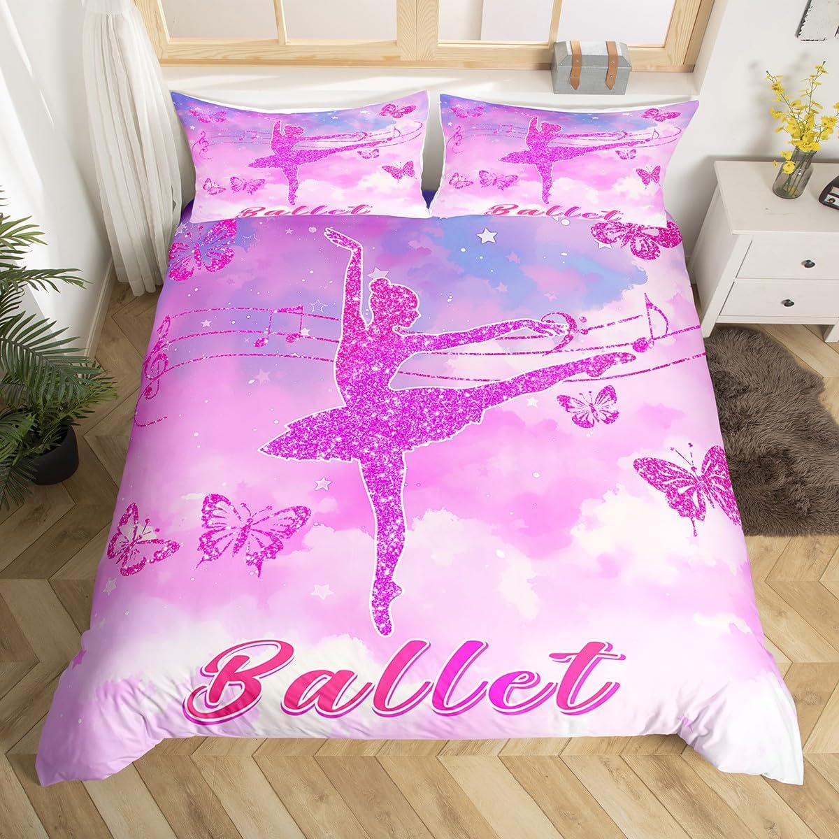 Ballet Princess Duvet Cover Toddler Size Butterfly Pink Glitter Print Bedding Set 2pcs Artistic Musical Notes Comforter Cover for Kids Room Decor Ombre Clouds Quilt Cover,1 Pillowcase(Not Comforter)
