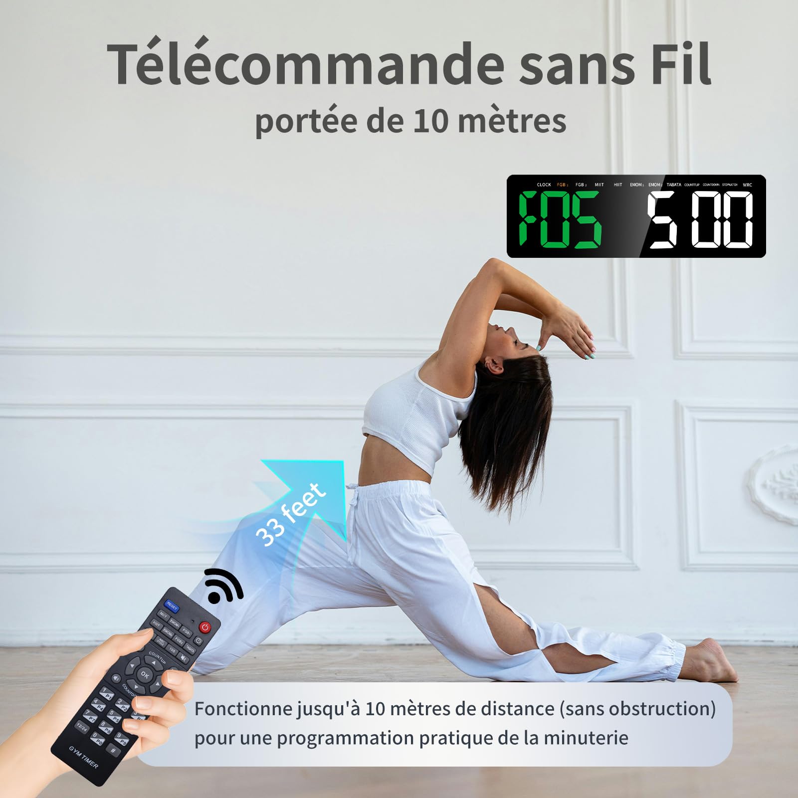 Timer Sport, Minuteur Fitness 16" Grand Ecran Time, 12/24 Heures Horloge Murale Numérique LED avec Support, Chronomètre avec Télécommande, Timer pour pour Workout, Home Gym(Vert+Blanc)