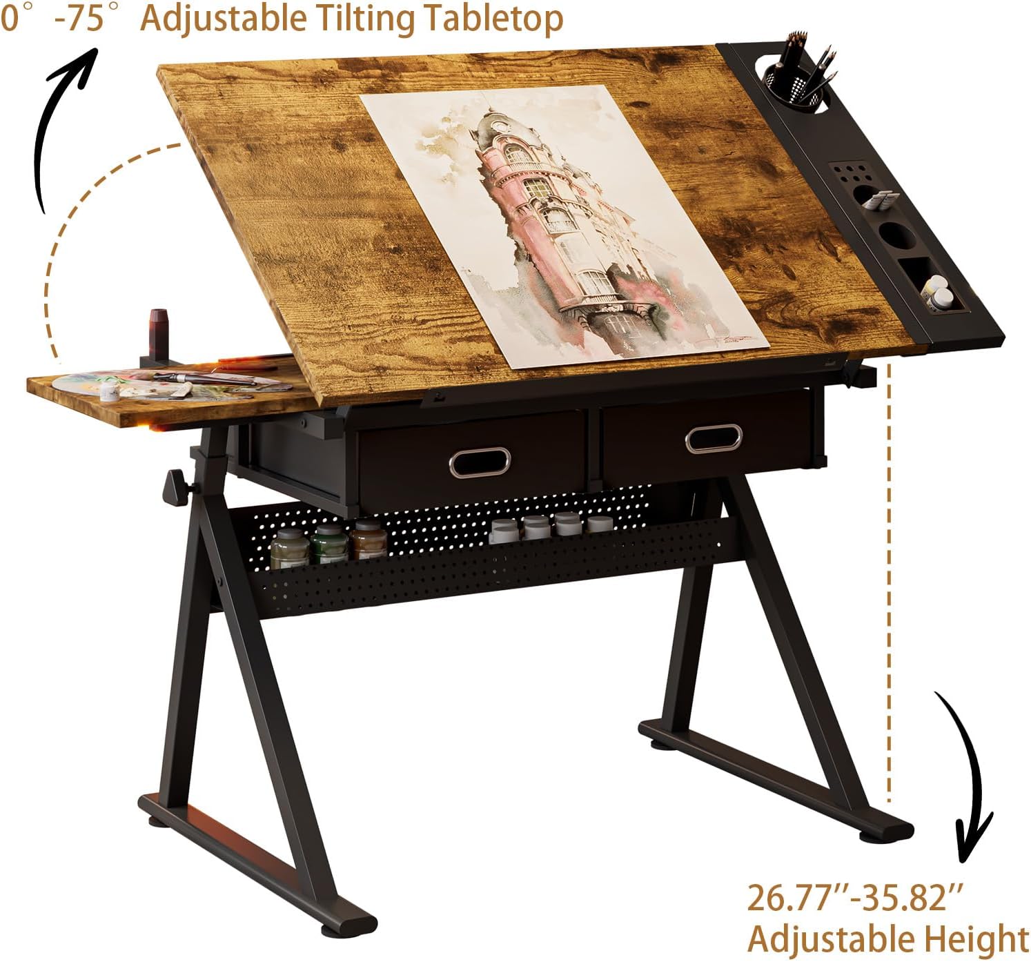 Drafting Table and Stool Set for Adults/Artists, Drawing Table with Adjustable Tabletop and Height, Art Workstation for Painters Crafting Reading Writing Home Office, Black Brown